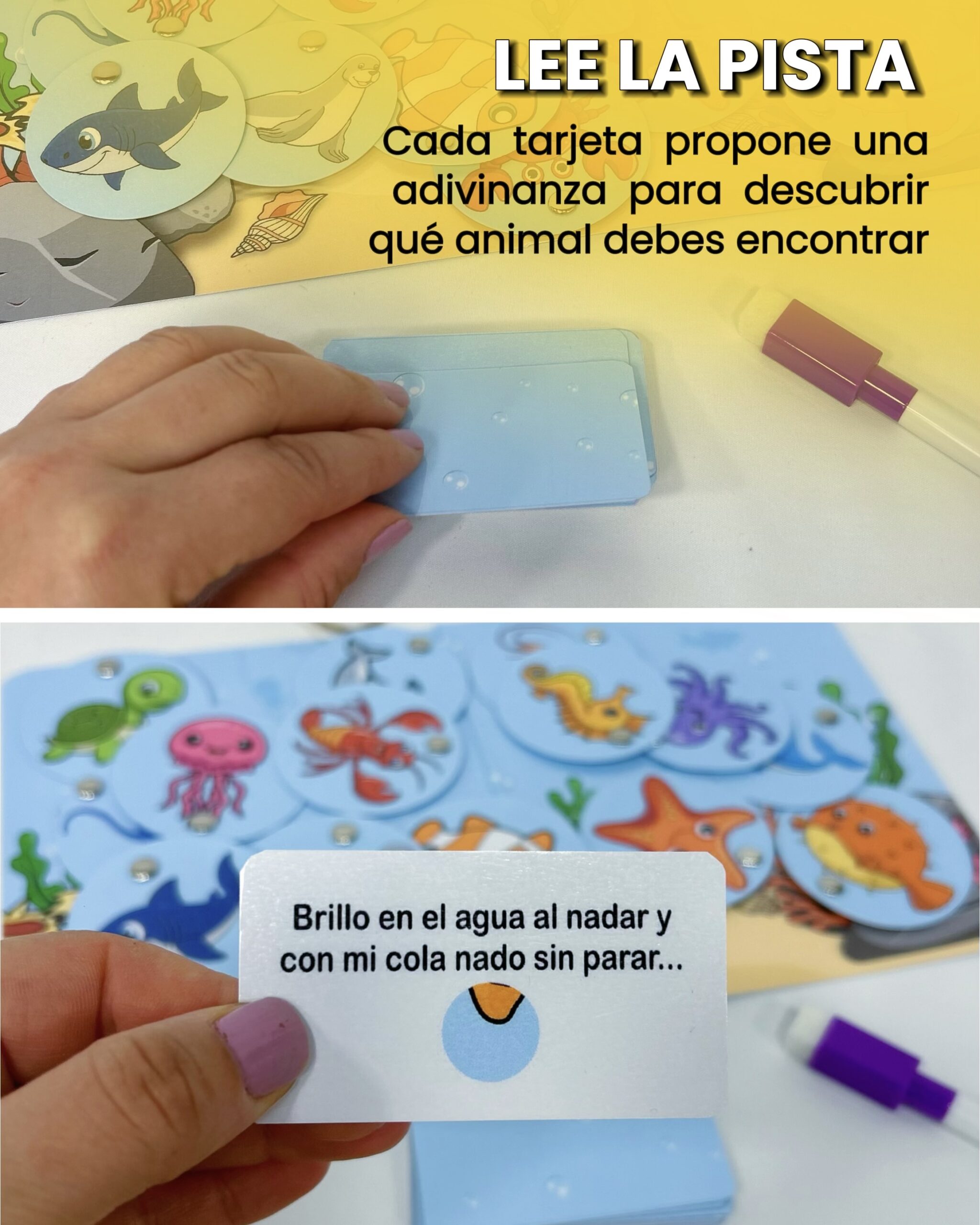 Composición en dos partes que muestra una mano tomando una tarjeta de adivinanza y otra sosteniendo una pista para adivinar el animal marino en el juego de pescaletras.