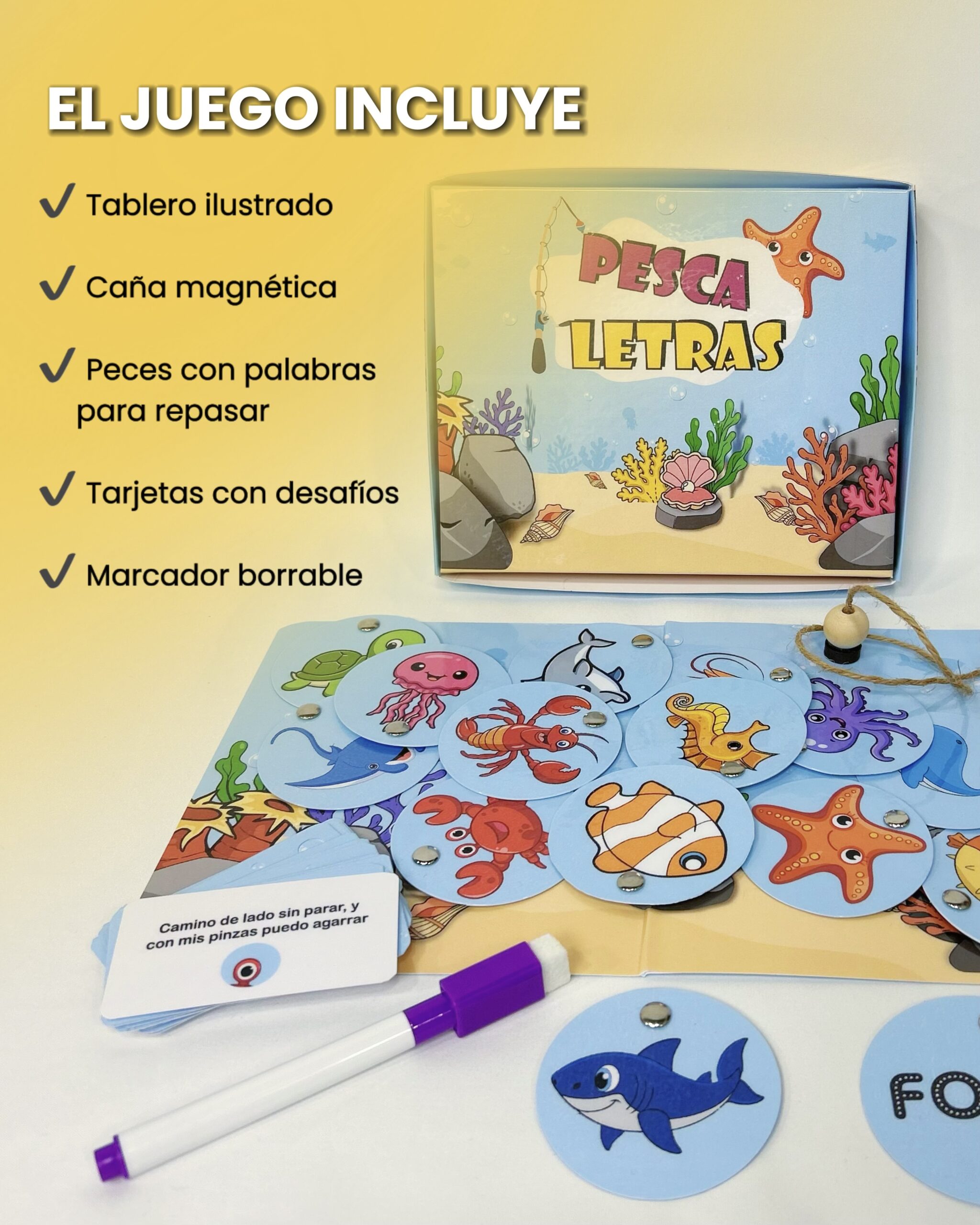 Infografía que detalla los componentes del juego Pescaletras: tablero ilustrado, caña magnética, peces con palabras para repasar, tarjetas con desafíos y marcador borrable.