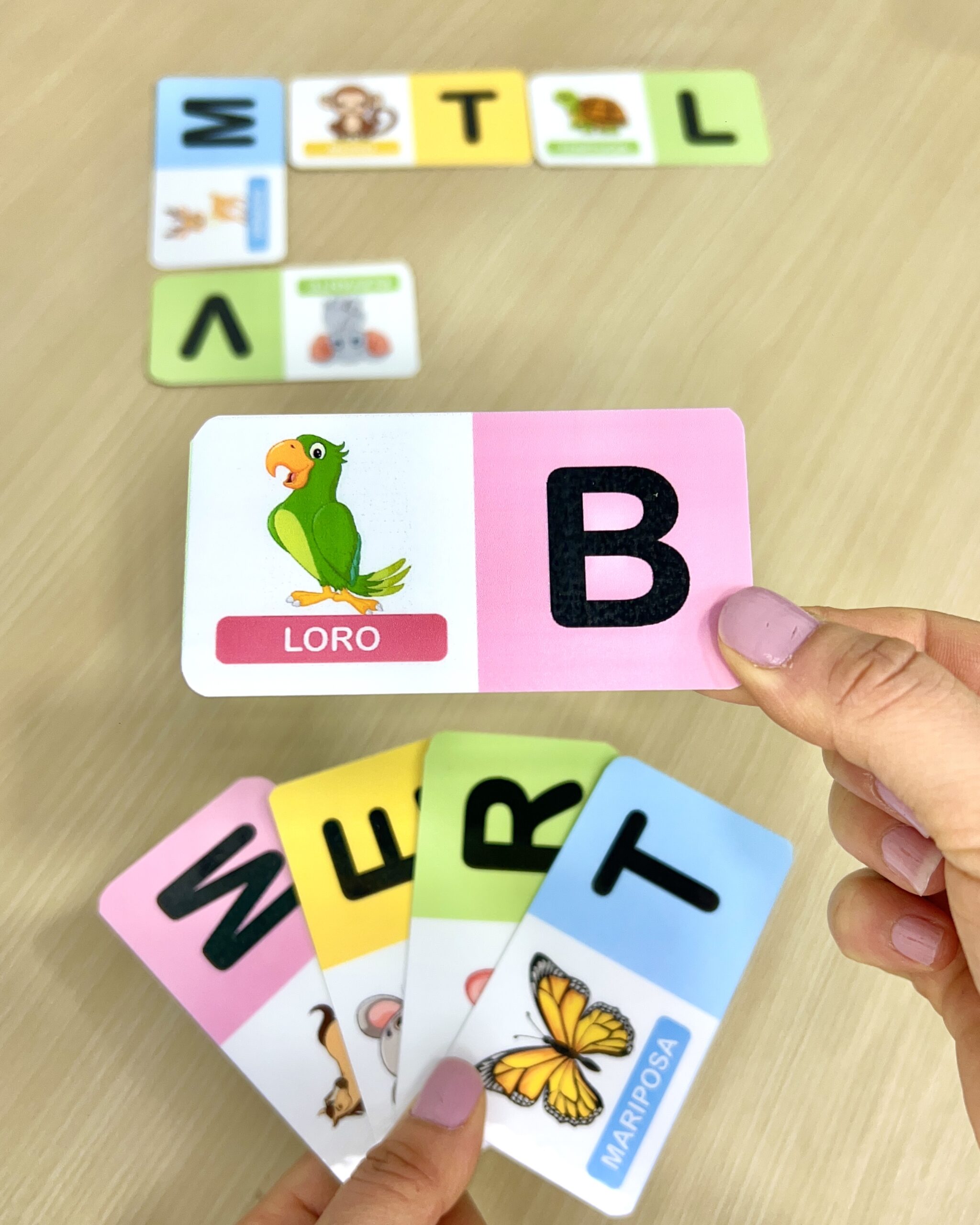 Personas sosteniendo en la mano un abanico de fichas de colores del juego infantil Domizoo.