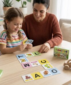 Madre e hija jugando en la mesa con las tarjetas del dominó didáctico Domizoo de letras y animales.