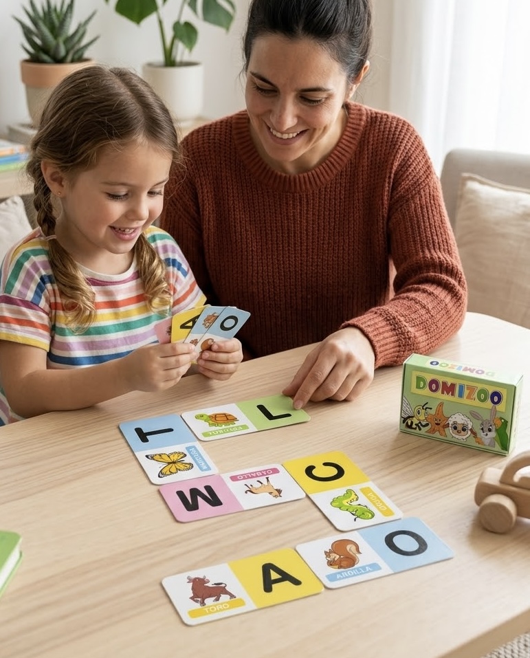 Madre e hija jugando en la mesa con las tarjetas del dominó didáctico Domizoo de letras y animales.