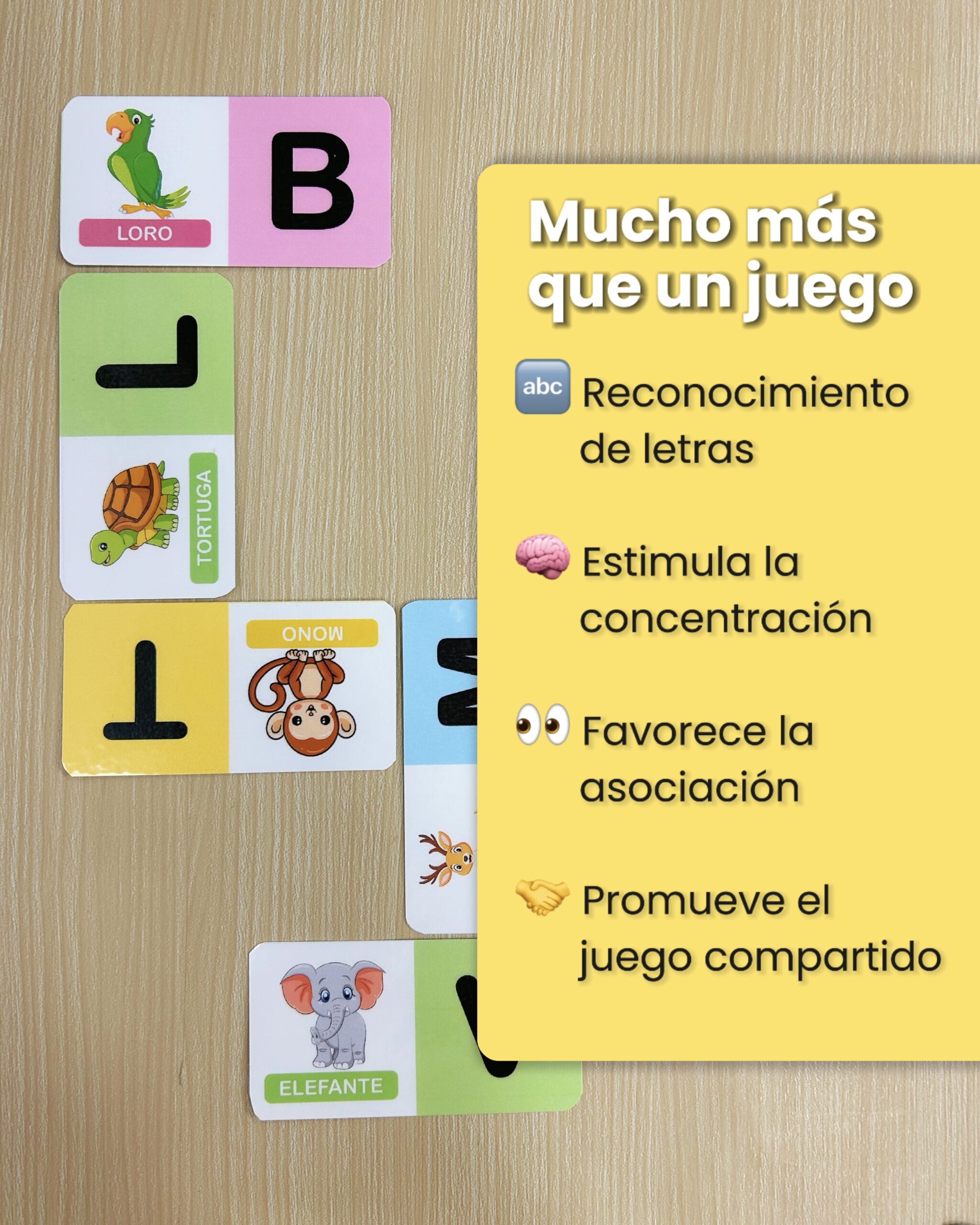 Infografía de Domizoo destacando beneficios como reconocimiento de letras, concentración, asociación y juego compartido.