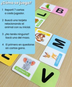 Infografía explicativa con los pasos sobre cómo se juega al dominó didáctico de animales y letras Domizoo.