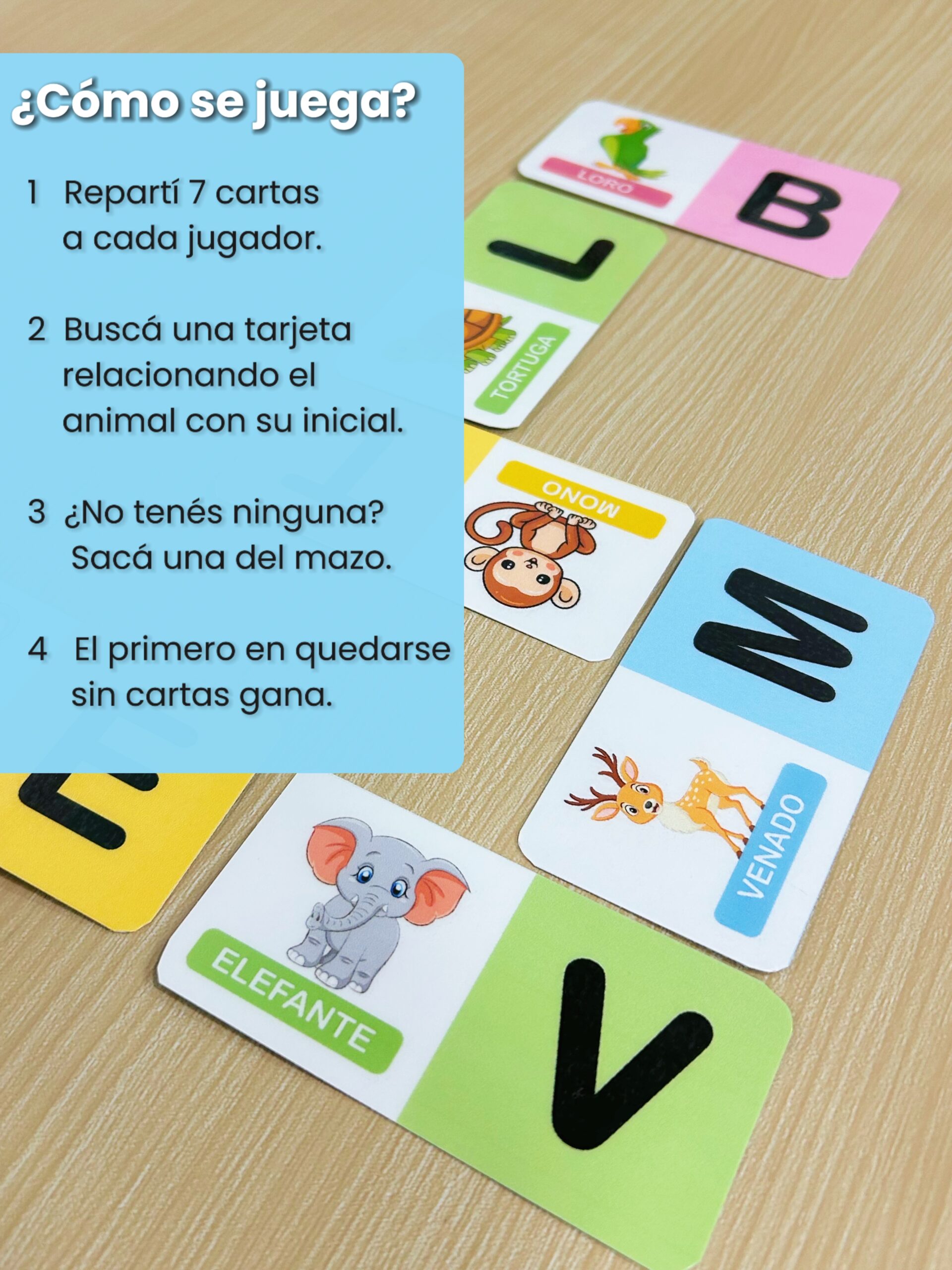 Infografía explicativa con los pasos sobre cómo se juega al dominó didáctico de animales y letras Domizoo.