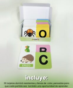 Caja de almacenamiento con 36 tarjetas de dominó resistentes y el texto explicativo de lo que incluye el juego.