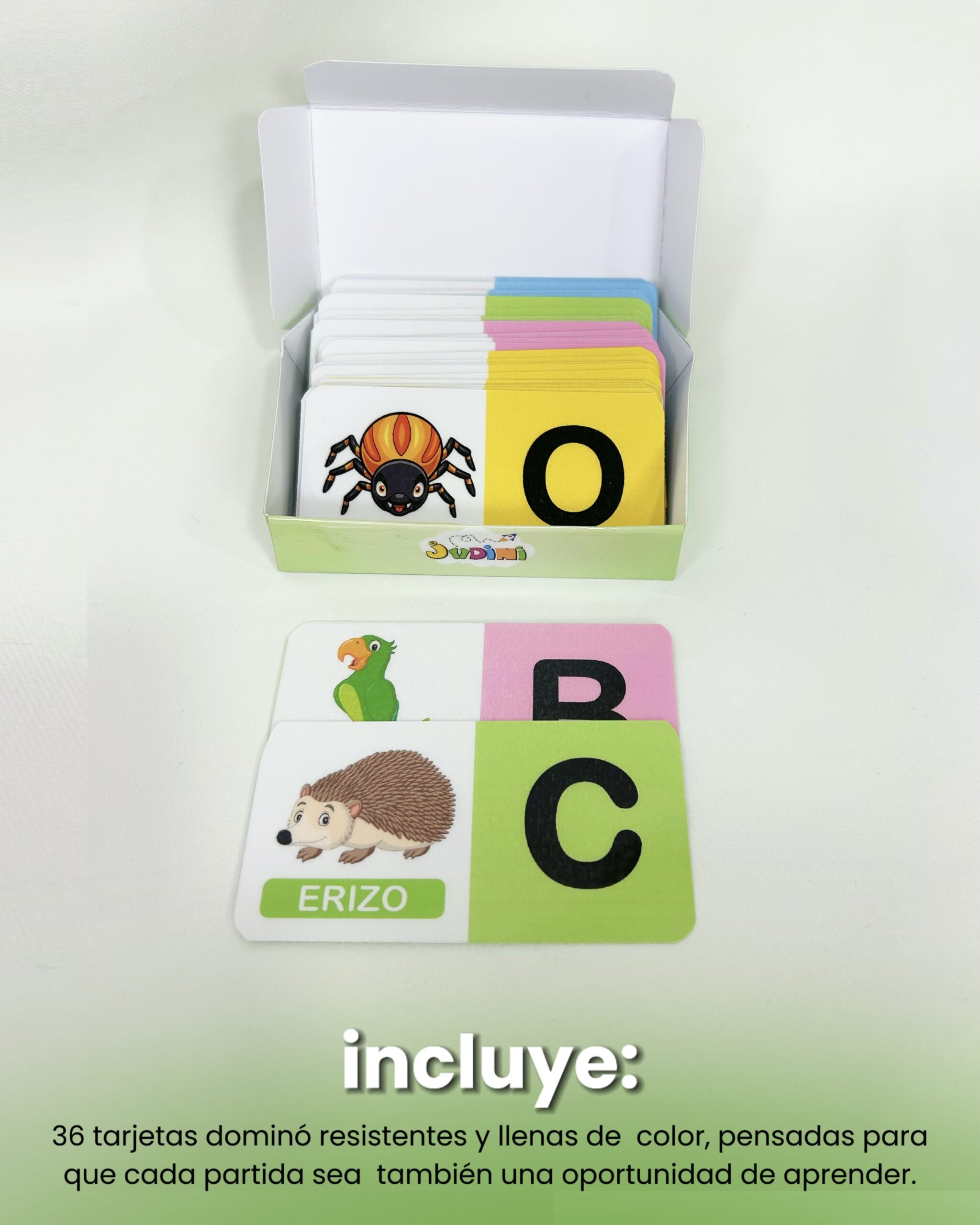 Caja de almacenamiento con 36 tarjetas de dominó resistentes y el texto explicativo de lo que incluye el juego.