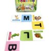Caja del juego Domizoo junto a fichas de dominó infantil con ilustraciones de animales y letras iniciales.