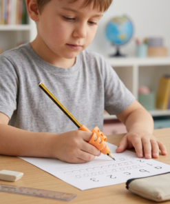 Niño en su escritorio de estudio practicando escritura con un lápiz equipado con un adaptador ergonómico naranja.
