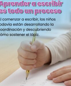 Mano de niño sujetando un lápiz con agarre en puño sobre una hoja con el texto Aprender a escribir es todo un proceso.