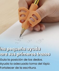 Primer plano de agarre correcto del lápiz con adaptador de silicona naranja y lista de beneficios para la escritura.