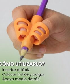 Infografía explicativa en 3 pasos sobre cómo colocar los dedos índice, pulgar y medio en el adaptador ergonómico.