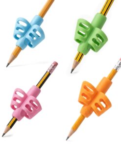 Set de cuatro adaptadores ergonómicos de silicona para lápiz en colores celeste, verde, rosa y naranja.