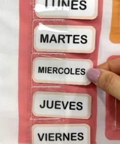 Mano colocando la tarjeta del día Miércoles dentro del bolsillo transparente del panel del calendario didáctico.