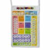 calendario didáctico infantil colgante de tela incluye tarjetas ilustrativas y coloridas de clima, estaciones, días de la semana, números, meses y años, colocado sobre fondo blanco.