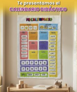 Calendario didáctico interactivo de tela colgado en la pared con bolsillos para días, meses, años, clima y estaciones.