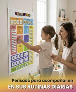 Madre acompañando a su hija pequeña a colocar una ficha interactiva en el calendario didáctico de tela.