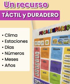 Vista lateral del calendario de tela interactivo destacando fichas de clima, estaciones, días, números, meses y años.