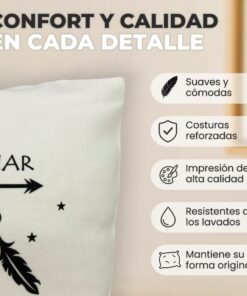 Infografía de detalles junto con una foto de cerca de almohadón mostrando su textura y el titulo "confort y calidad en cada detalle"