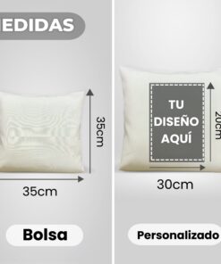 Infografía de medidas de almohadón personalizado, de una lado medidas de almohadón 35 po 35cm y del otro lado medidas del personalizado 20 po 30cm
