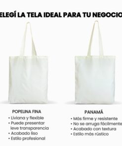 Imagen comparativa con fondo blanco para elegir la tela ideal. A la izquierda se muestra una bolsa de popelina fina destacando que es livian, flexible y de acabado liso. A la derecha se muestra bolsa de tela panamá detallando que es firme, resistente, con textura y estilo rústico.