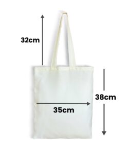 Infografía que detalla las dimensiones generales de la bolsa totebag. Las flechas de medición específican un ancho de treinta y cinco centímetros, un alto de cuerpo de treinta y ocho centímetros y un largo de asas de treinta y dos centímetros.