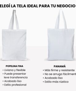 Imagen comparativa titulada Elegí la tela ideal para tu negocio. A la izquierda se presenta una bolsa de popelina que es liviana, flexible y acabado liso. A la derecha se muestra una bolsa de tela panamá detallando que es más firme, resistente y con acabado con textura.