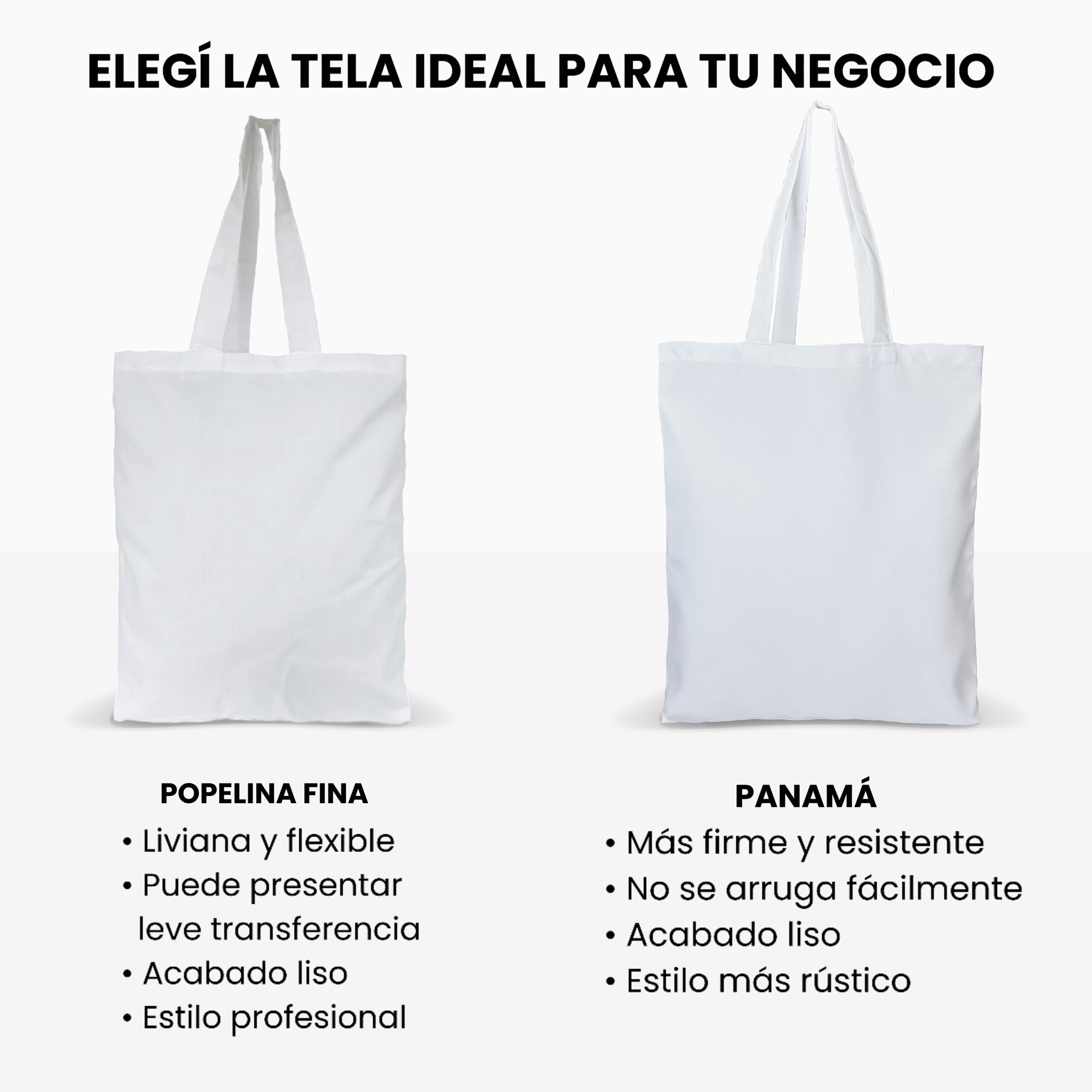 Imagen comparativa titulada Elegí la tela ideal para tu negocio. A la izquierda se presenta una bolsa de popelina que es liviana, flexible y acabado liso. A la derecha se muestra una bolsa de tela panamá detallando que es más firme, resistente y con acabado con textura.