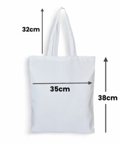 Infografía sobre las medidas de la bolsa totebag blanca, con unos treinta y cinco centímetros de ancho, treinta y ocho centímetros de altura de cuerpo y de asa treinta y dos centímetros.