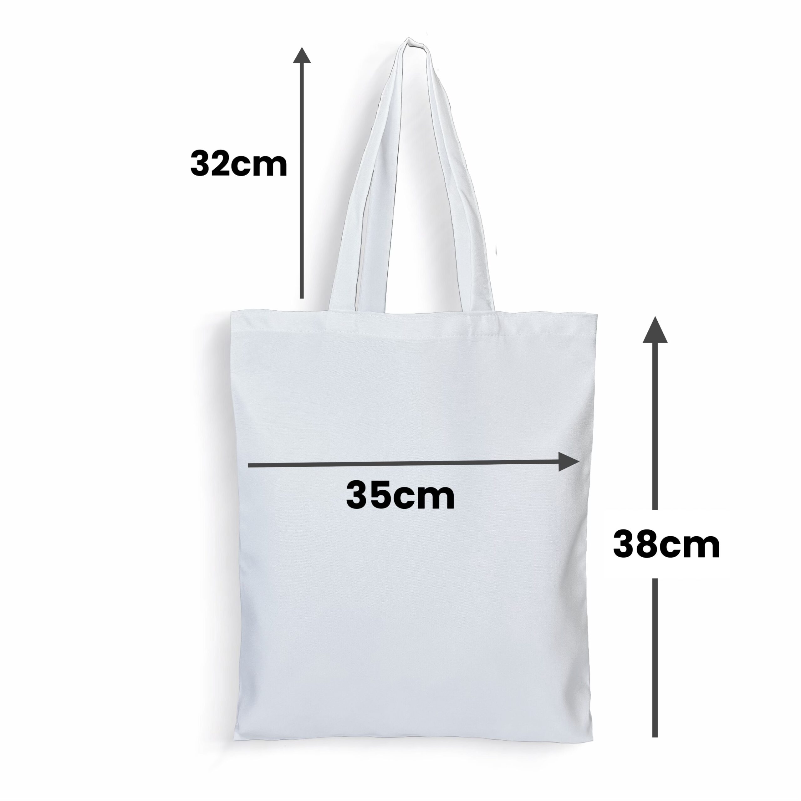 Infografía sobre las medidas de la bolsa totebag blanca, con unos treinta y cinco centímetros de ancho, treinta y ocho centímetros de altura de cuerpo y de asa treinta y dos centímetros.