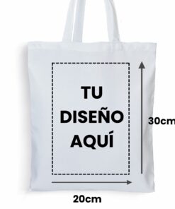 Vista frontal de bolsa totebag blanca con un recuadro de líneas punteadas que delimita el área denimpresión máxima. Las flechas indican un ancho de veinte centímetros y un alto de treinta centímetros, con la leyenda Tu diseño aquí.