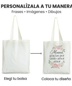 Infografía sobre fondo blanco que explica el proceso de personalización de una bolsa totebag. A la izquierda se muestra la bolsa lisa con el texto ``Elegí tu bolsa´ y a la derecha el resultado final con un diseño de mamá bajo el lema `Personalizala a tu manera: frases, imágenes, dibujos´.