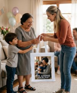 Una madre y su pequeño hijo le entregan una bolsa de tela estilo totebag blanca personalizada con una foto de la abuela con su nieto y debajo la frase Te amamos abuelita