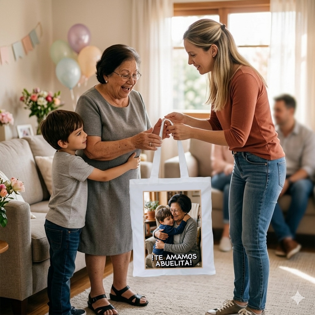 Una madre y su pequeño hijo le entregan una bolsa de tela estilo totebag blanca personalizada con una foto de la abuela con su nieto y debajo la frase Te amamos abuelita