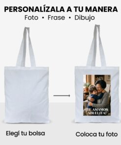 Infografía instructiva que muestra el proceso de diseño. A la izquierda aparece una bolsa totebag blanca lisa con la leyenda Elegí tu bolsa, y a la derecha el modelo terminado con la imagen de la abuela con su nieto bajo el titulo Personalízala a tu manera: foto, frase, dibujo.