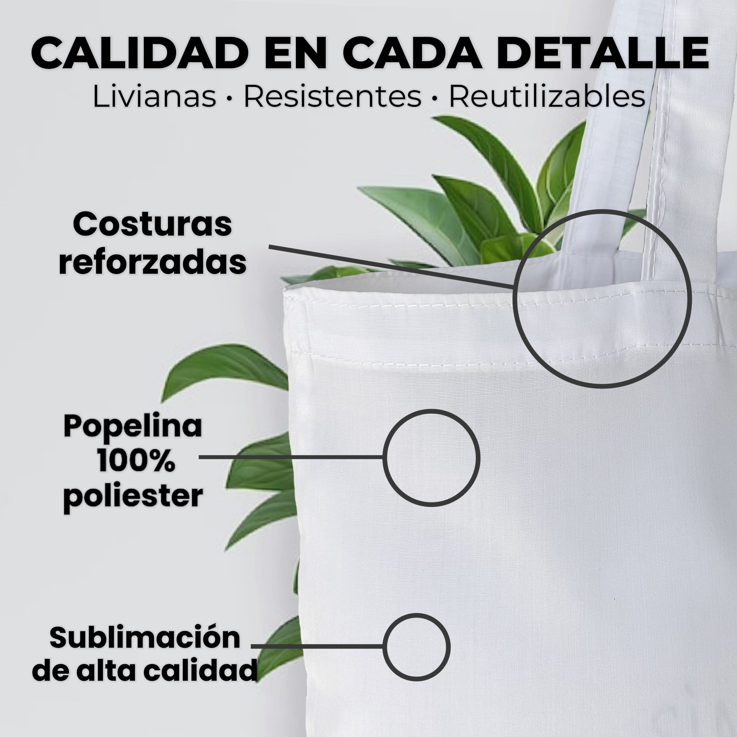 Acercamiento técnico de una bolsa totebag color blanco donde destacan sus caracyerísticas principales: costuras reforzadas, tela popelina cien por ciento poliéster y estampado mediante sublimación de alta calidad.
