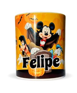 Taza personalizada de Halloween con Mickey Mouse, Goofy y el pato Donald y e nombre Felipe