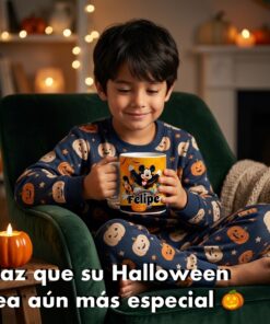 Niño con pijama sonríe sentado en un sillón mientras sostiene la taza personalizada de Mickey Mouse de Halloween y nombre