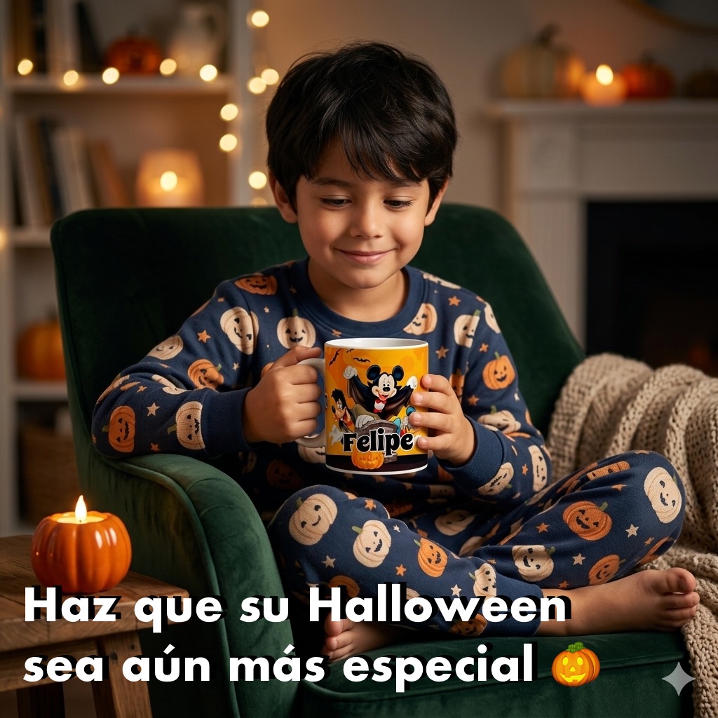 Niño con pijama sonríe sentado en un sillón mientras sostiene la taza personalizada de Mickey Mouse de Halloween y nombre