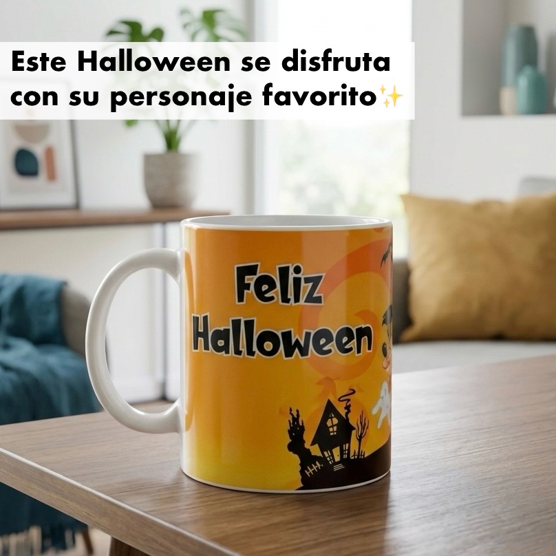 Taza de cerámica con la frase de Feliz Halloween con una casa embrujada, apoyada sobre una mesa de madera en una sala iluminada.