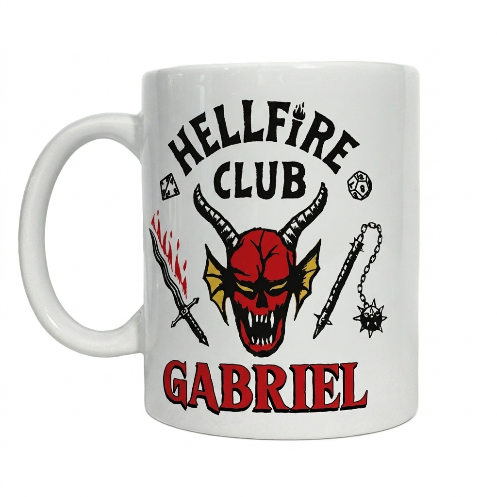 Taza con el logotipo de Hellfire Club de Stranger Things y el nombre personalizado