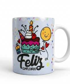 taza de cerámica blanca sublimada con una ilustración colorida de torta de cumpleaños, globos y la frase Feliz Cumpleaños sobre fondo blanco.