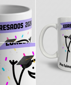 Composición de fotos en primer plano que muestran la calidad de impresión y el asa de una taza blanca de egresados con el personaje de flork