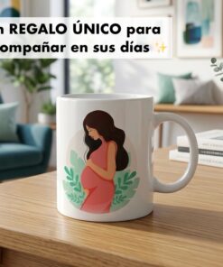 Taza blanca con ilustración de mujer embarazada sobre una mesa de madera y frase "Un regalo único para acompañar en sus días".