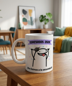 Taza de egresados con el diseño de flork sobre una mesa de madera en primer plano con un living luminoso y plantas al fondo.