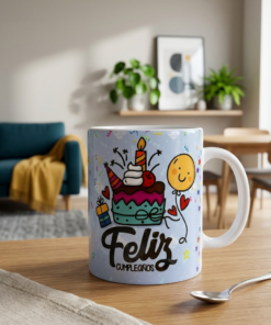 Taza personalizada de feliz cumpleaños colocada sobre una mesa comedor con una cuchara y un living difuminado de fondo.