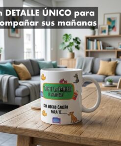 Taza personalizas de los simpson sobre una mesa ratona de madera en primer plano con un living moderno difuminado al fondo.