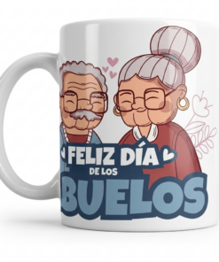 Taza con una ilustración estilo dibujo animado de una pareja de abuelos sonriendo y la frase "Feliz día de los abuelos"