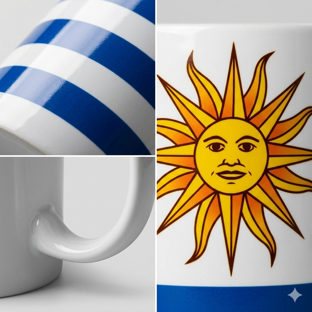 Composición de tres cuadrantes que muestra acercamientos de una taza con la bandera de Uruguay en alta definición.