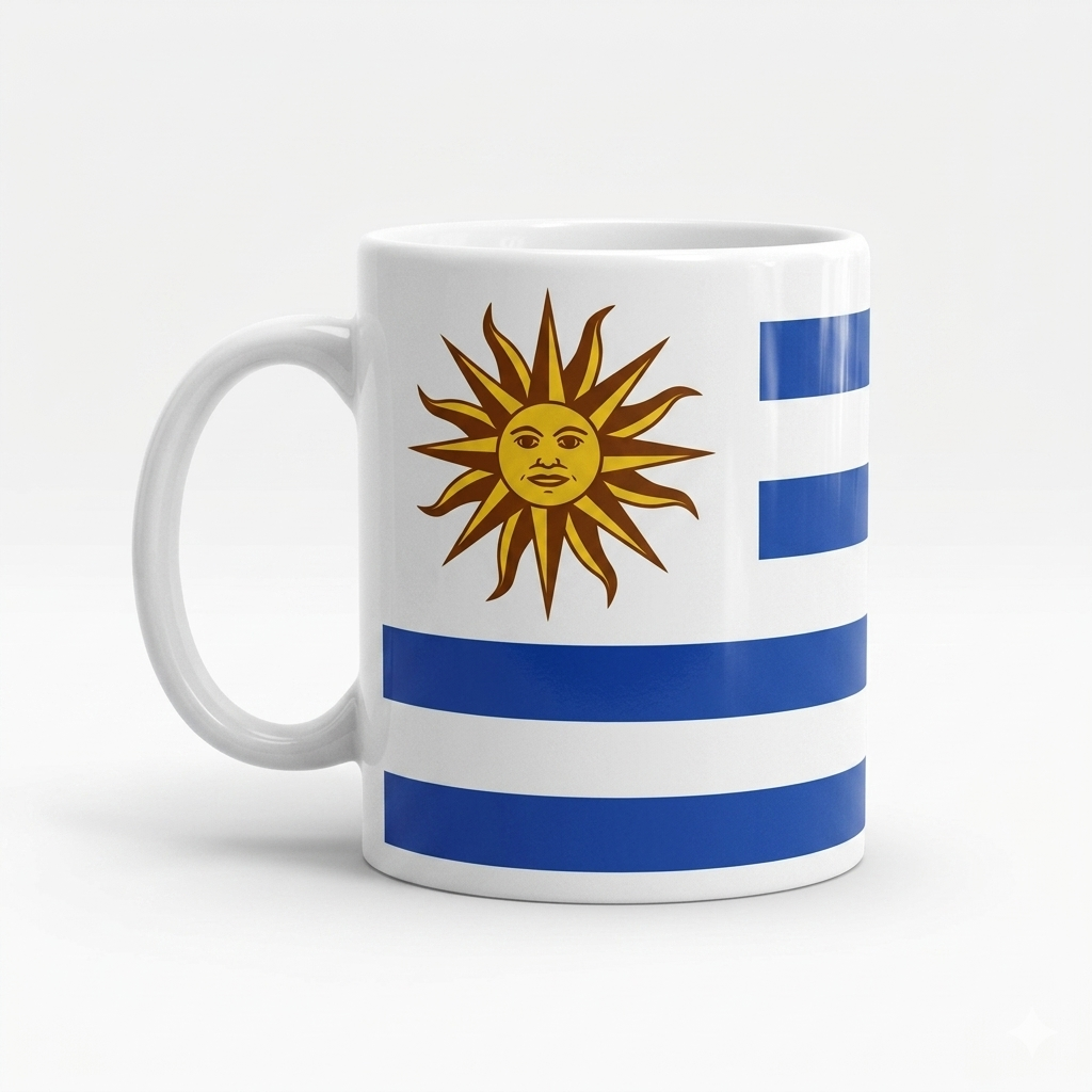 Taza blanca sublimada con el diseño de la bandera de Uruguay y el sol de mayo en el centro sobre fondo blanco