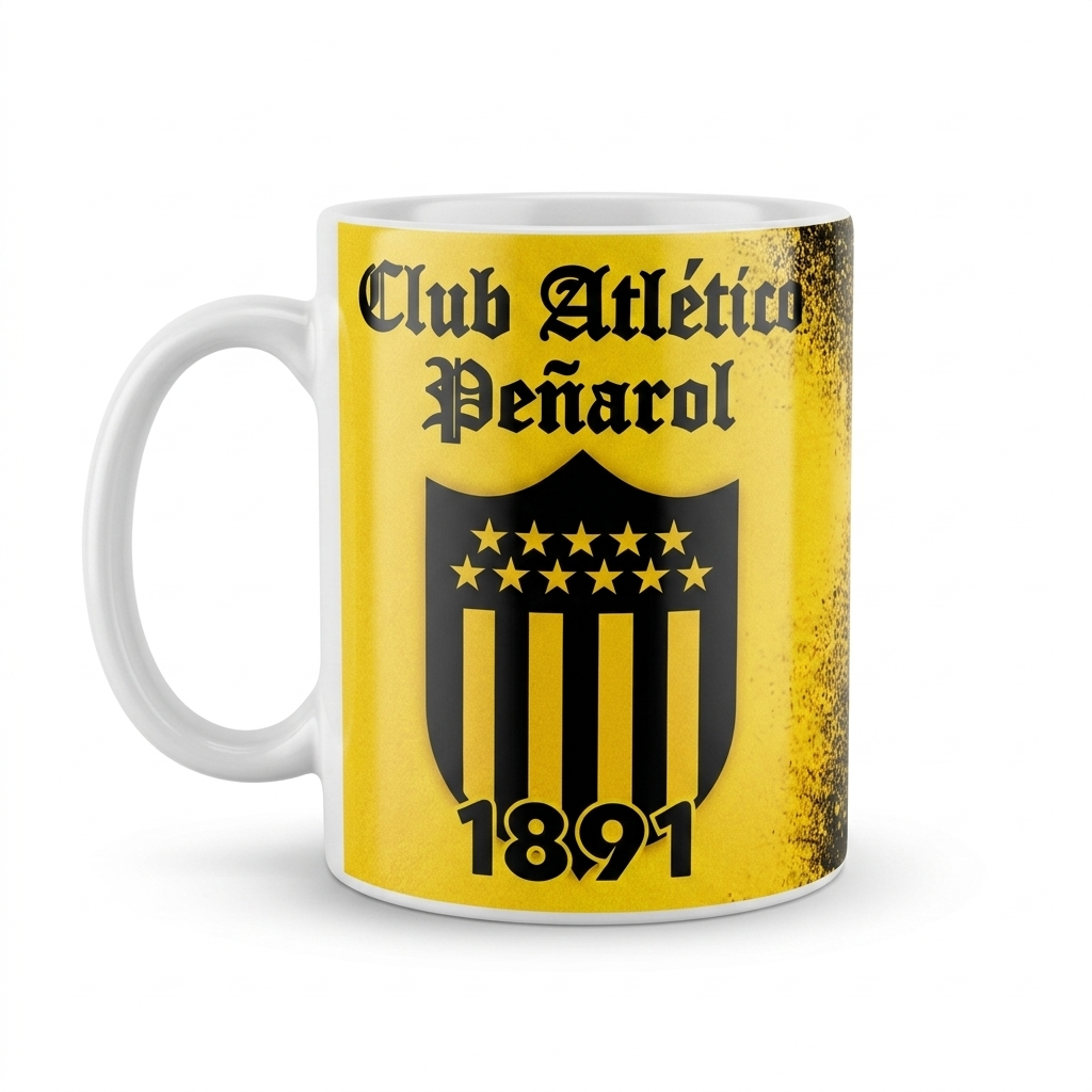 Taza con un diseño que muestra el escudo del Club Atlético Peñarol con sus estrellas y el año 1891